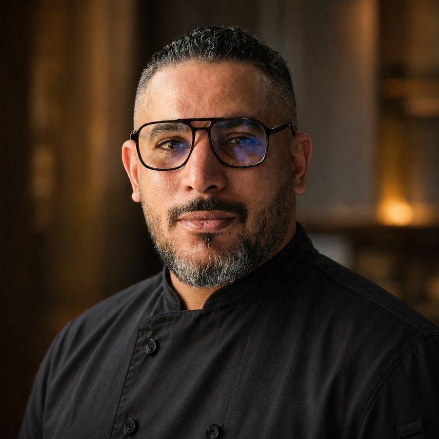 Portrait of Chef Aziz Mountassar in a black chef coat and glasses