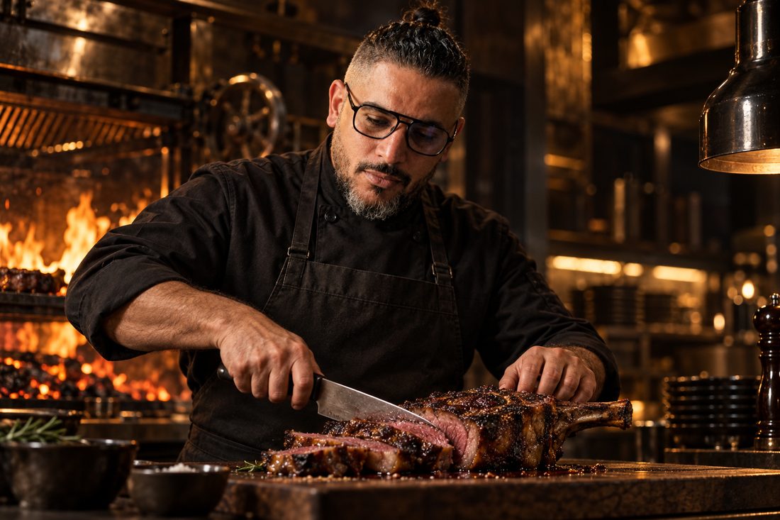 Chef Aziz slicing a charred bone-in ribeye with a live-fire grill behind him