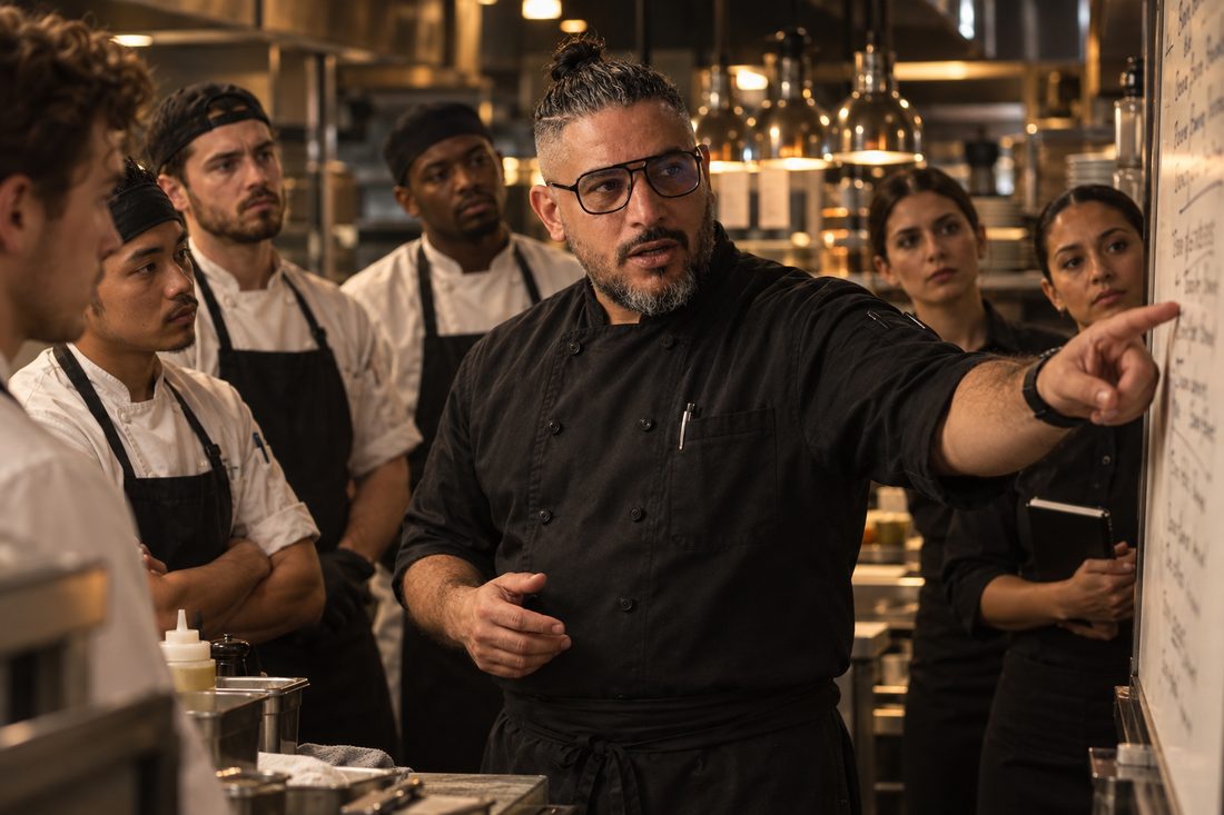 Chef Aziz leading a pre-service line-up with cooks and servers listening