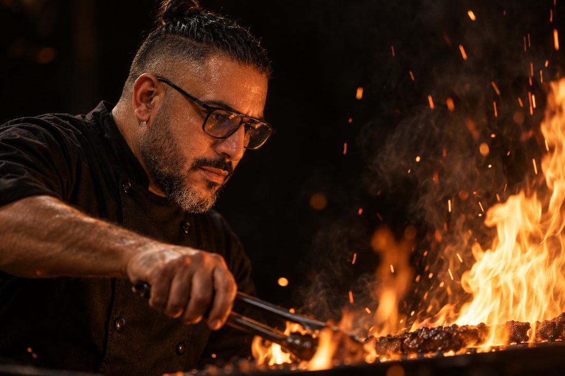 Close profile of Chef Aziz lit only by flames from the grill he is tending
