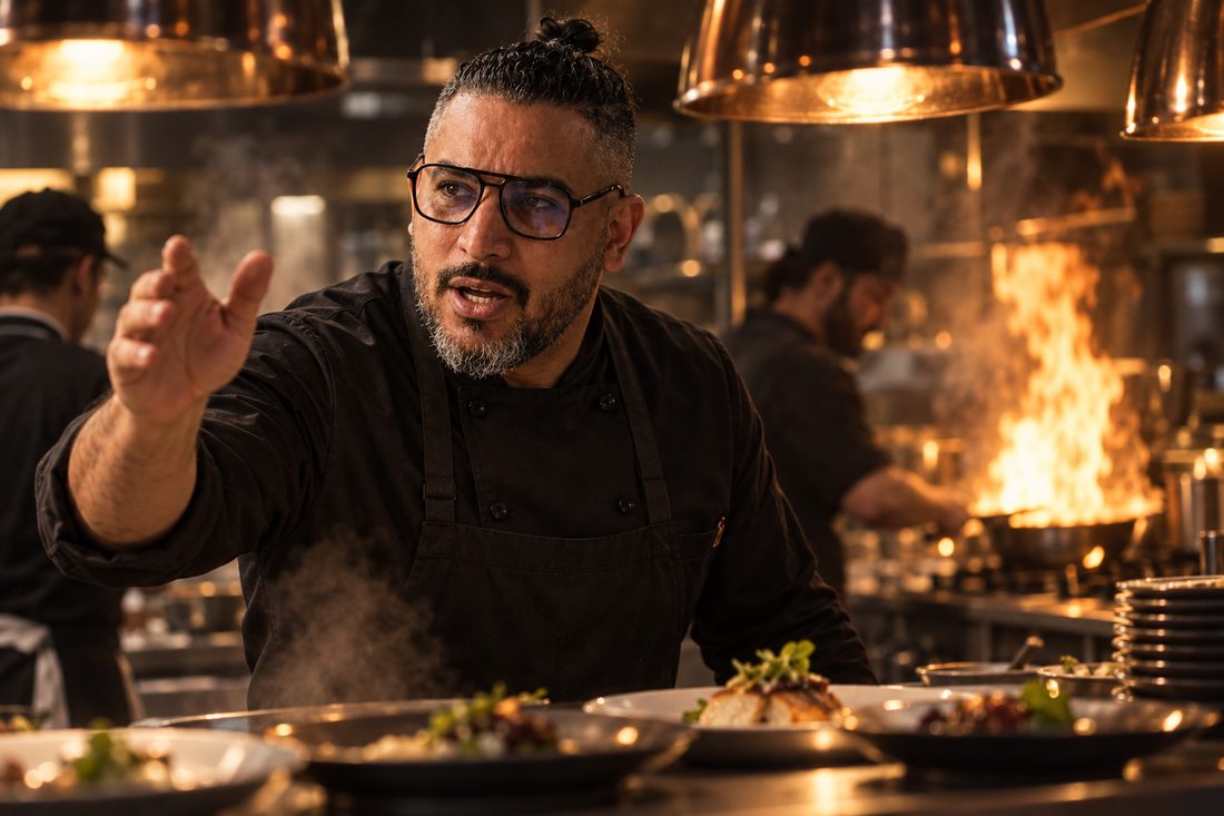 Chef Aziz calling an order at the pass under heat lamps with flames behind him