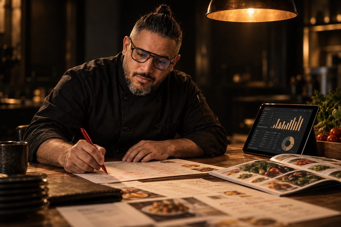 Chef Aziz redlining a menu at a table covered in menus, sales charts and a supplier catalog