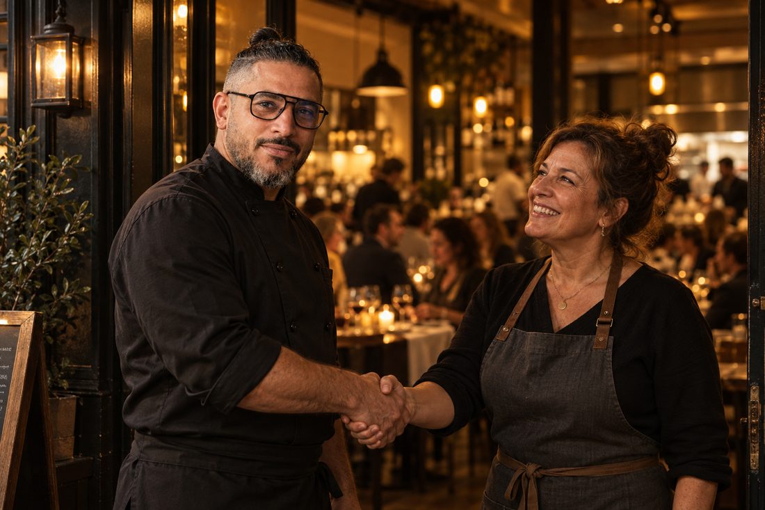 Chef Aziz shaking hands with a restaurant owner at her door with a full dining room behind them