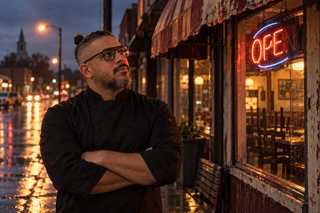 Chef Aziz outside a tired restaurant at dusk under a half-lit neon open sign