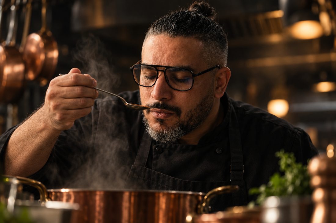 Chef Aziz tasting a sauce from a spoon with his eyes closed