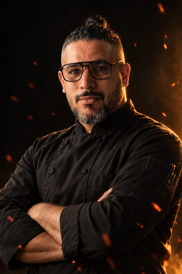 Chef Aziz Mountassar, arms crossed, lit by a single hard light with embers in the air