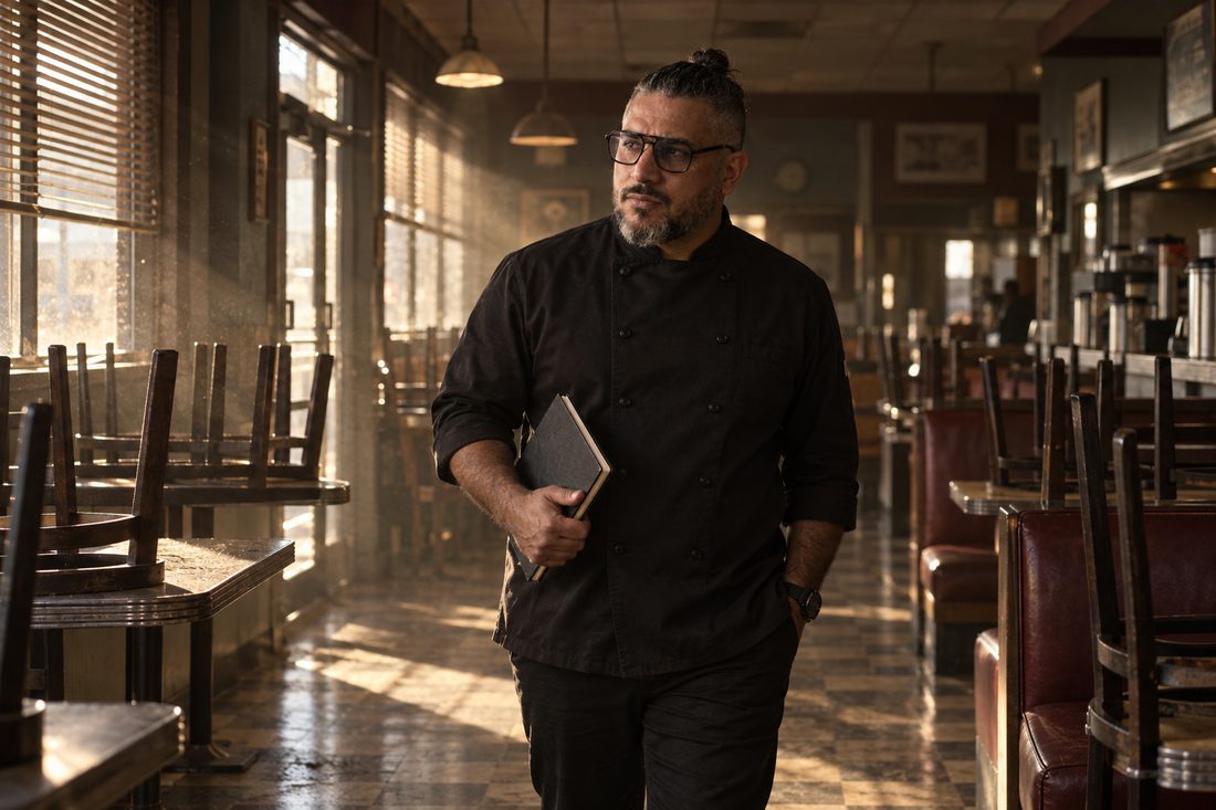 Chef Aziz walking through an empty dining room with chairs on the tables, notebook in hand