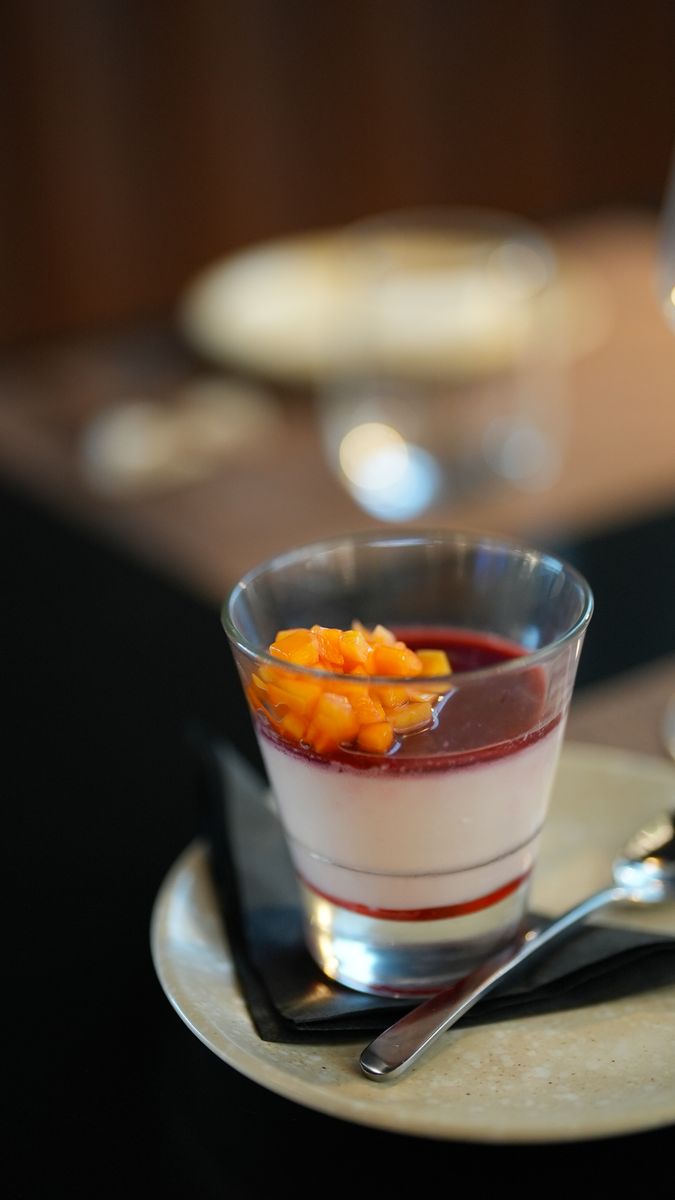 A layered dessert in a glass